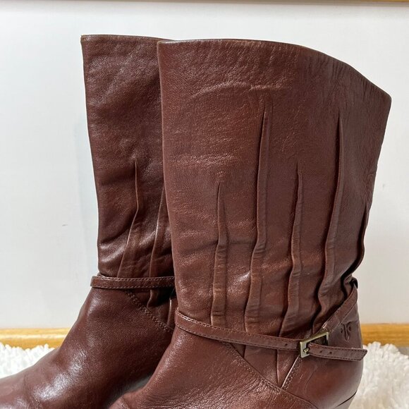 Frye Lisa Slouchy Pleated Pull On Leather Heeled Boots Mid Calf Brown Size 6‎ - Picture 2 of 16